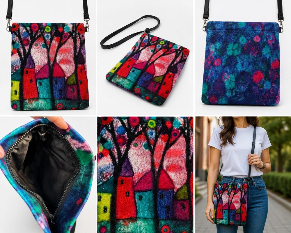Colorful Whimsical Village Print Crossbody Bag – Soft Fabric Shoulder Purse